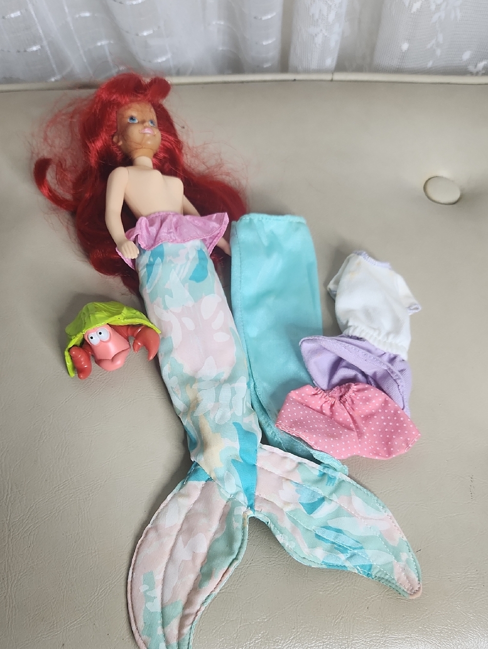 vintage 1990s Tyco Disney Ariel mermaid doll w/ various outfits & a fabric fin